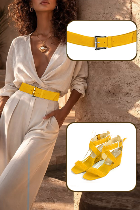 Women's yellow elegant fully open cross straps sandals. Square toe. Medium wedge heels - Worn view